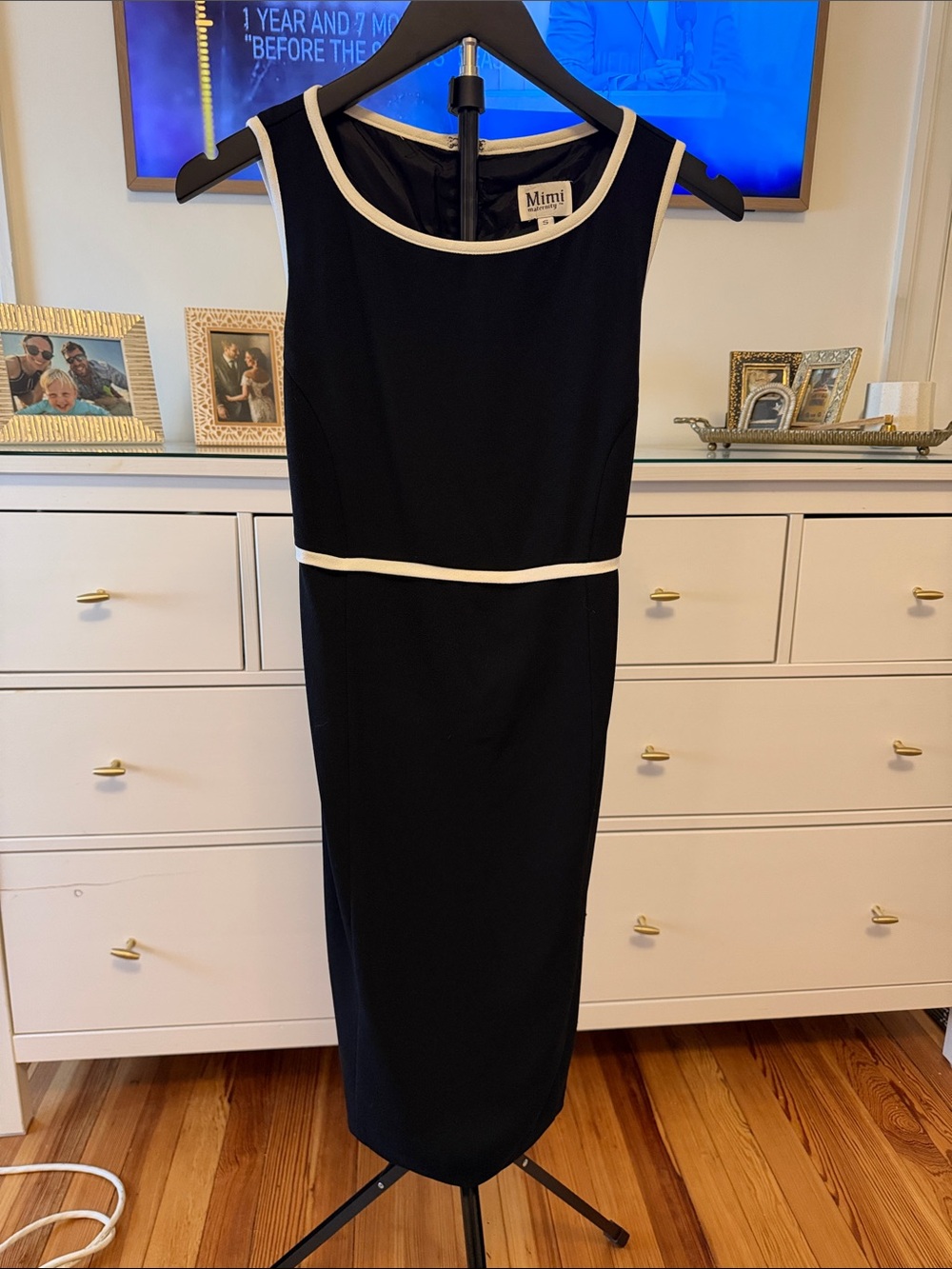 Mimi Maternity Black Midi Sheath Dress with White Trim